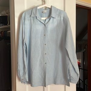 Eileen Fisher blue check long sleeve linen small button shirt